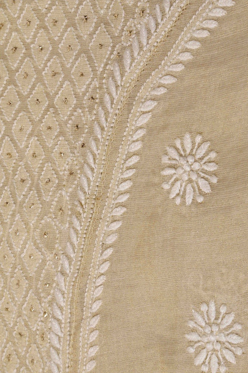 Ada Hand Embroidered Natural Fawn Tissue Lucknowi Chikan Semi-Stitched Kurta Piece With Muqaish Work-A575203