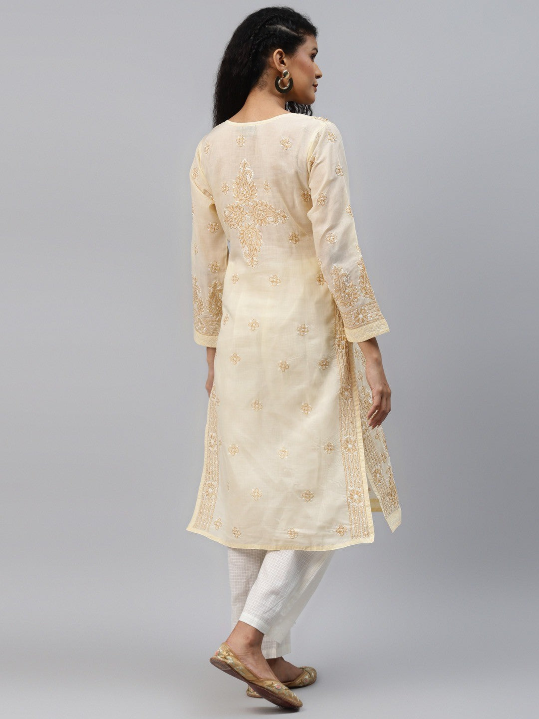 Ada Hand Embroidered Fawn Cotton Lucknowi Chikankari Straight Kurta A238244