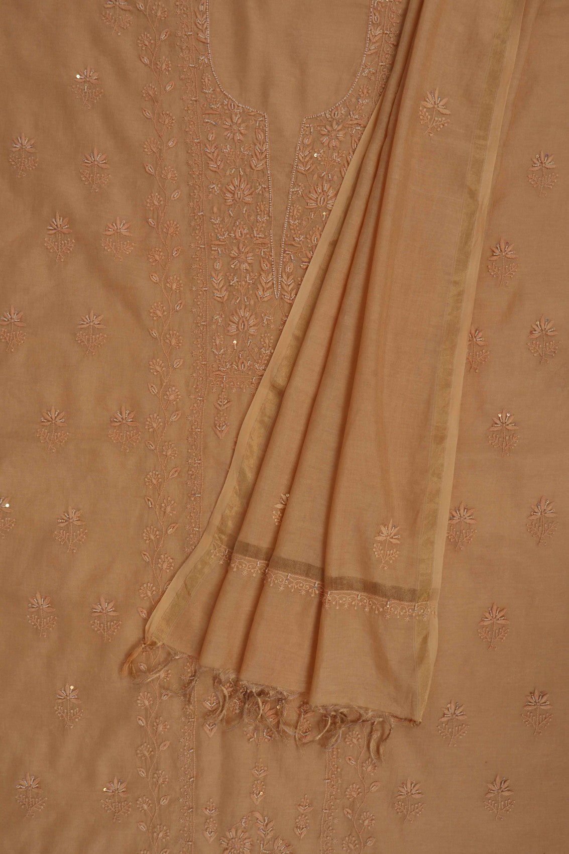 Ada Hand Embroidered Fawn Tissue Lucknowi Chikankari Unstitched Kurta Dupatta Set With Pearl Work 01A193513