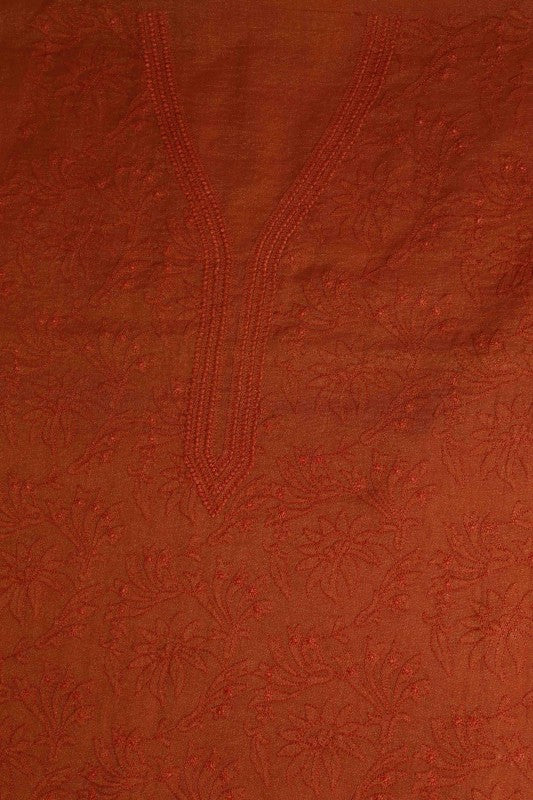 Ada Hand Embroidered Rust Tissue Lucknowi Chikan Unstitched Kurta Dupatta Set-A62147
