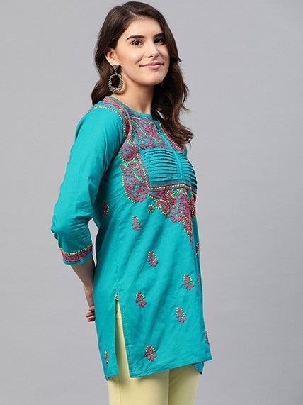 Ada Hand Embroidered Green Cotton Lucknowi Chikankari Straight Kurti A226855