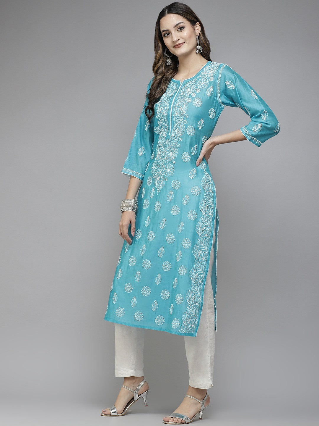 Ada Hand Embroidered Blue Chanderi Lucknowi Chikan Straight Kurta A411342