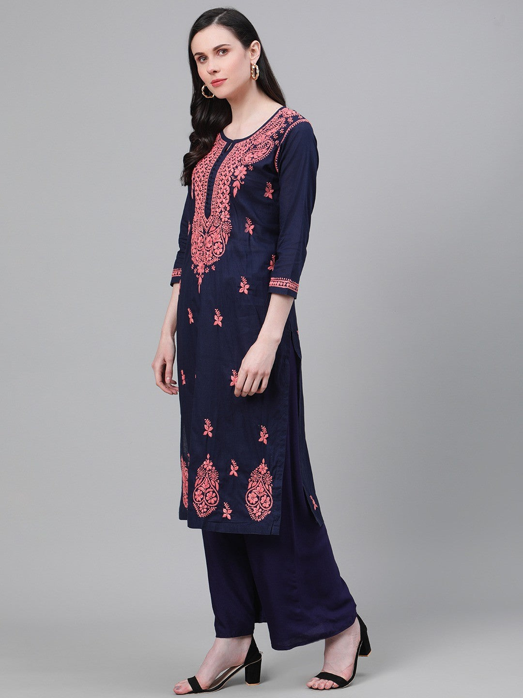 Ada Hand Embroidered Navy Blue Cotton Lucknowi Chikankari Straight Kurta A411145