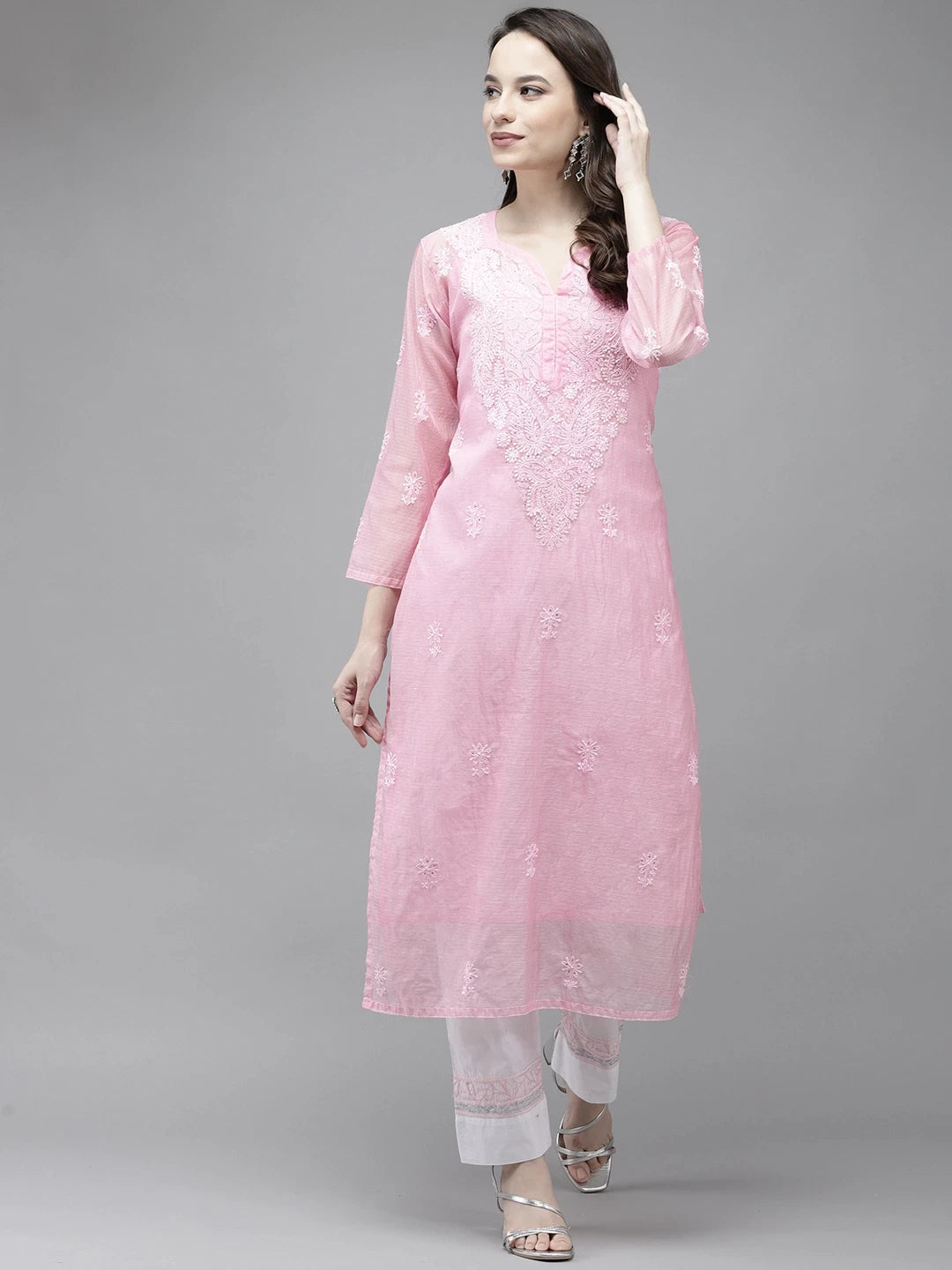 Ada Hand Embroidered Pink Kota Lucknow Chikankari Kurta/Slip With Muqaish Work-A411291