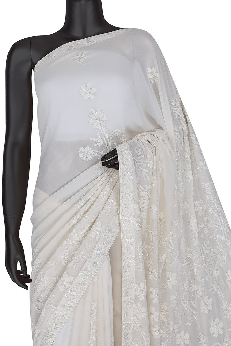 Ada Hand Embroidered White Pure Georgette Lucknowi Chikankari Saree With Blouse A393535