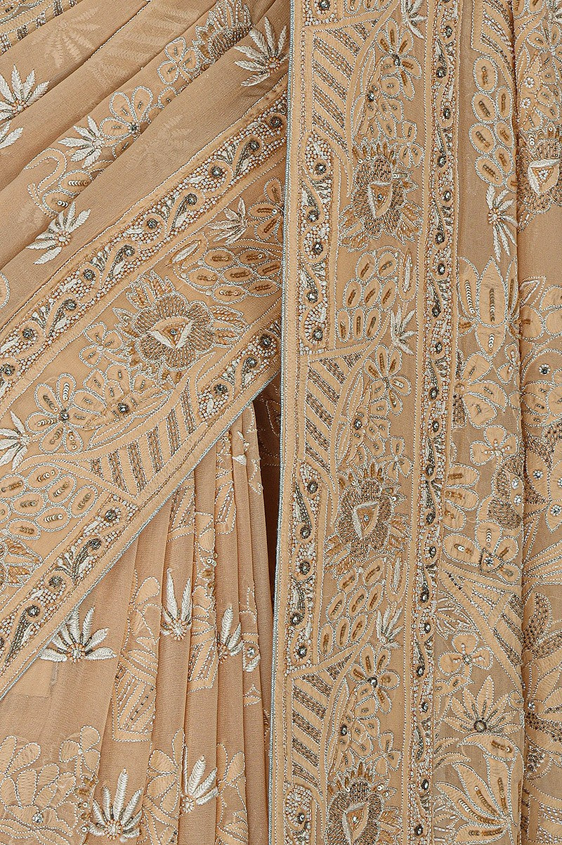 Ada Hand Embroidered Fawn Pure Georgette Lucknowi Chikankari Saree /Blouse With Pearl and Sequinned Work- A163658