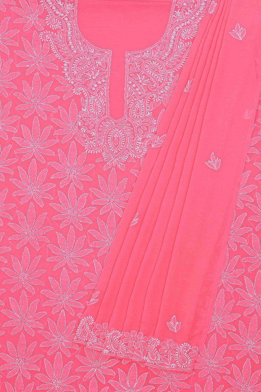 Ada Hand Embroidered Pink Georgette Lucknowi Chikan Unstitched Kurta Dupatta Set A333871