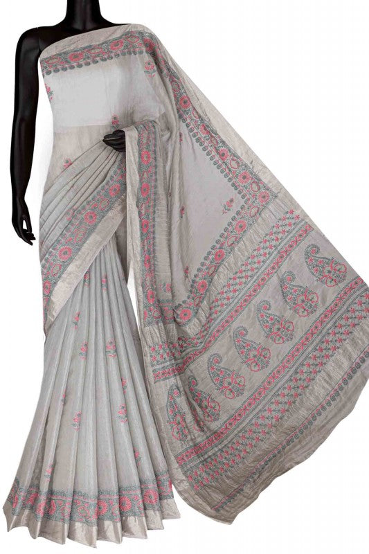 Ada Hand Embroidered Grey Tissue Lucknow Chikan Saree With Blouse-A622171