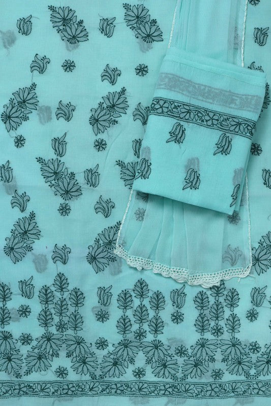 Ada Hand Embroidered Sea Green Cotton Lucknowi Chikan Unstitched Suit Piece A347806