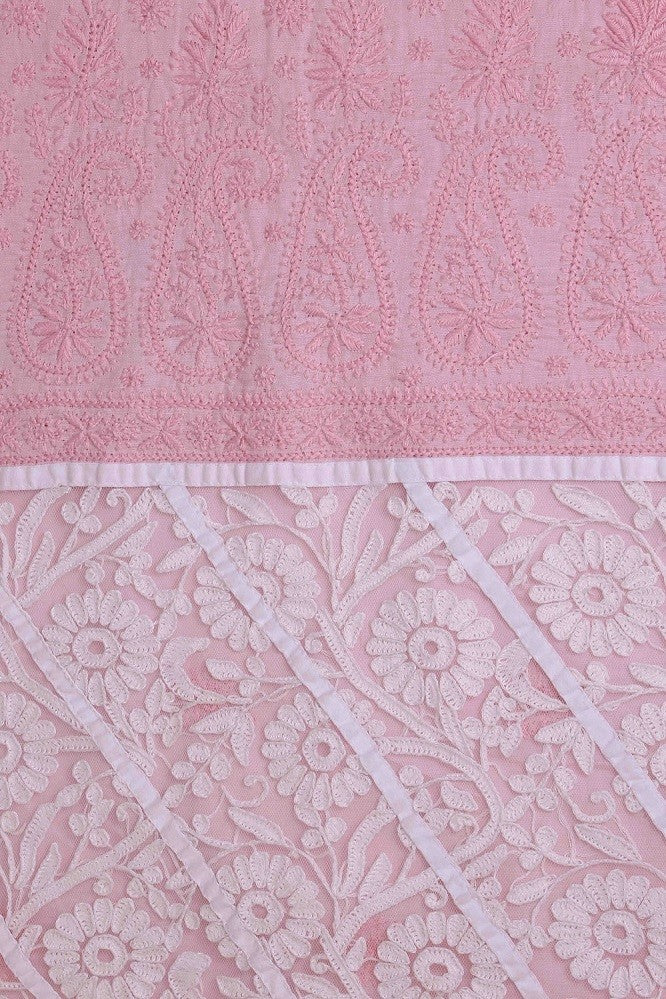Ada Hand Embroidered Blush Pink/White Cotton Lucknowi Chikan Unstitched Suit Piece A605678