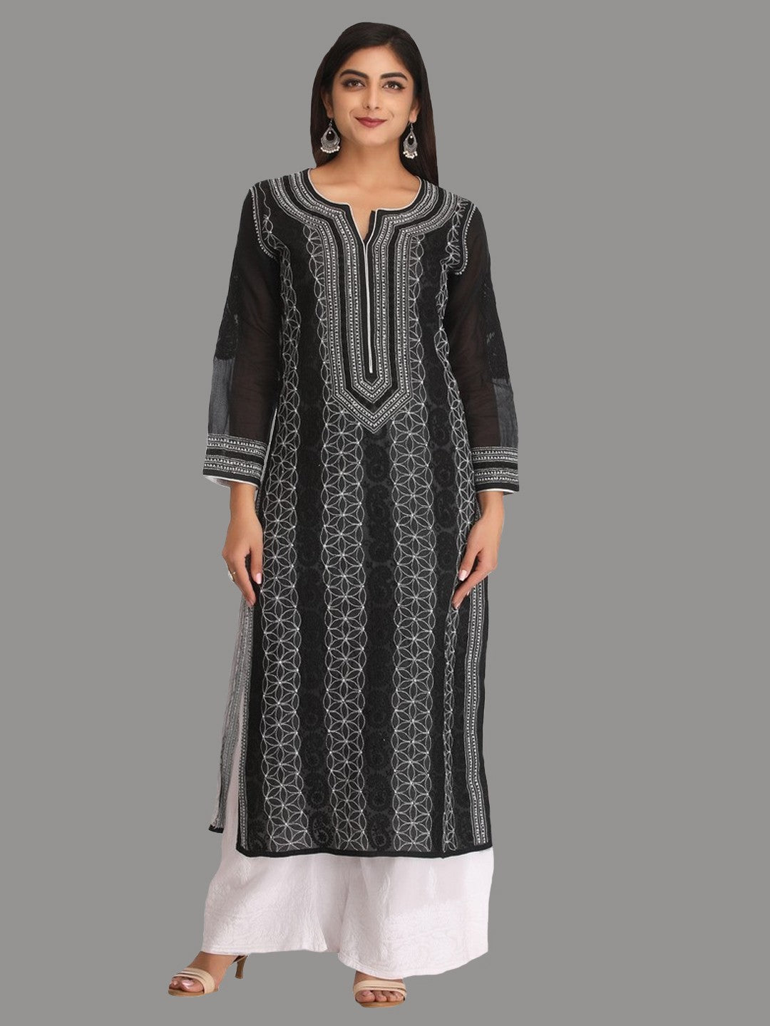 Ada Hand Embroidered Black Cotton Lucknowi Chikankari Straight  Kurta A247326