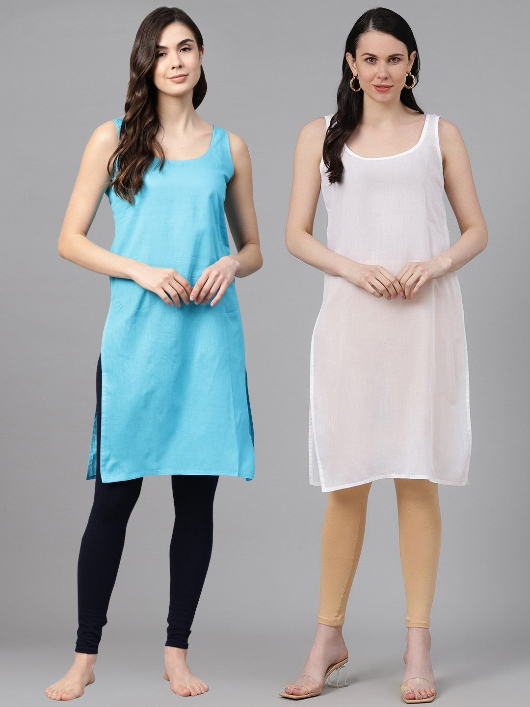 Ada White And Blue Cotton Long Slips Combo of 2 A111138.