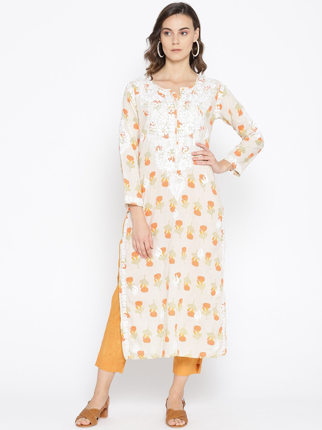 Ada Hand Embroidered Fawn Orange Cotton Lucknowi Chikankari Straight Kurta- A100035