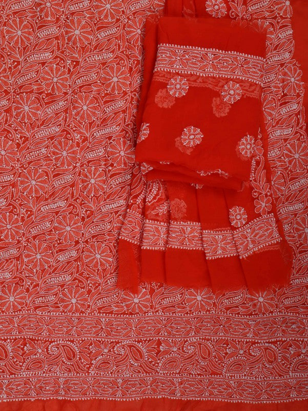 Ada Hand Embroidered Orange Georgette Lucknowi Chikankari Unstitched Suit Piece 01A114534