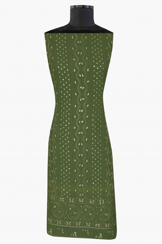 Ada Hand Embroidered Olive Green Georgette Lucknowi Chikan Unstitched Kurta Piece with Gota Patti Work A482677