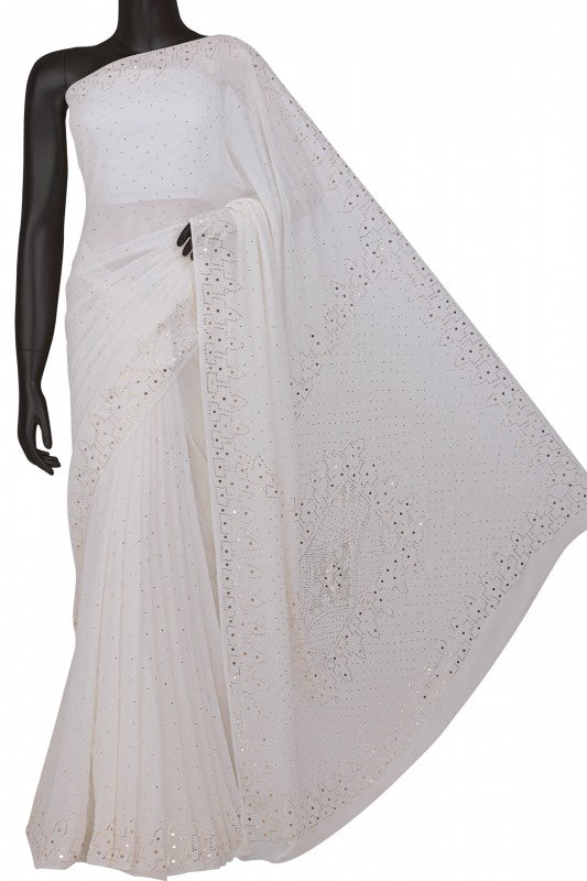 Ada Hand Embroidered White Pure Georgette Lucknowi Chikankari Saree/Blouse with Muqaish Work A590763