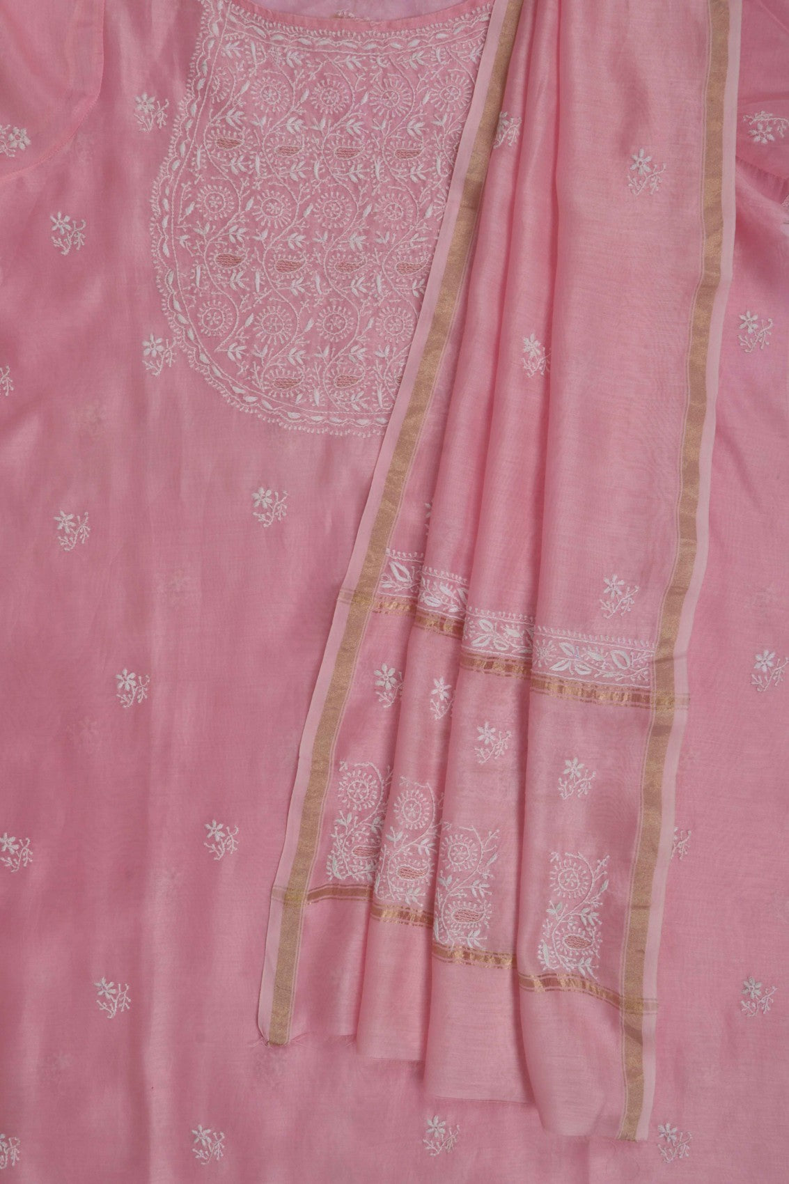 Ada Hand Embroidered Powder Pink Chanderi Lucknowi Chikankari Semi-Stitched Anarkali Kurta Dupatta Set 01A248289