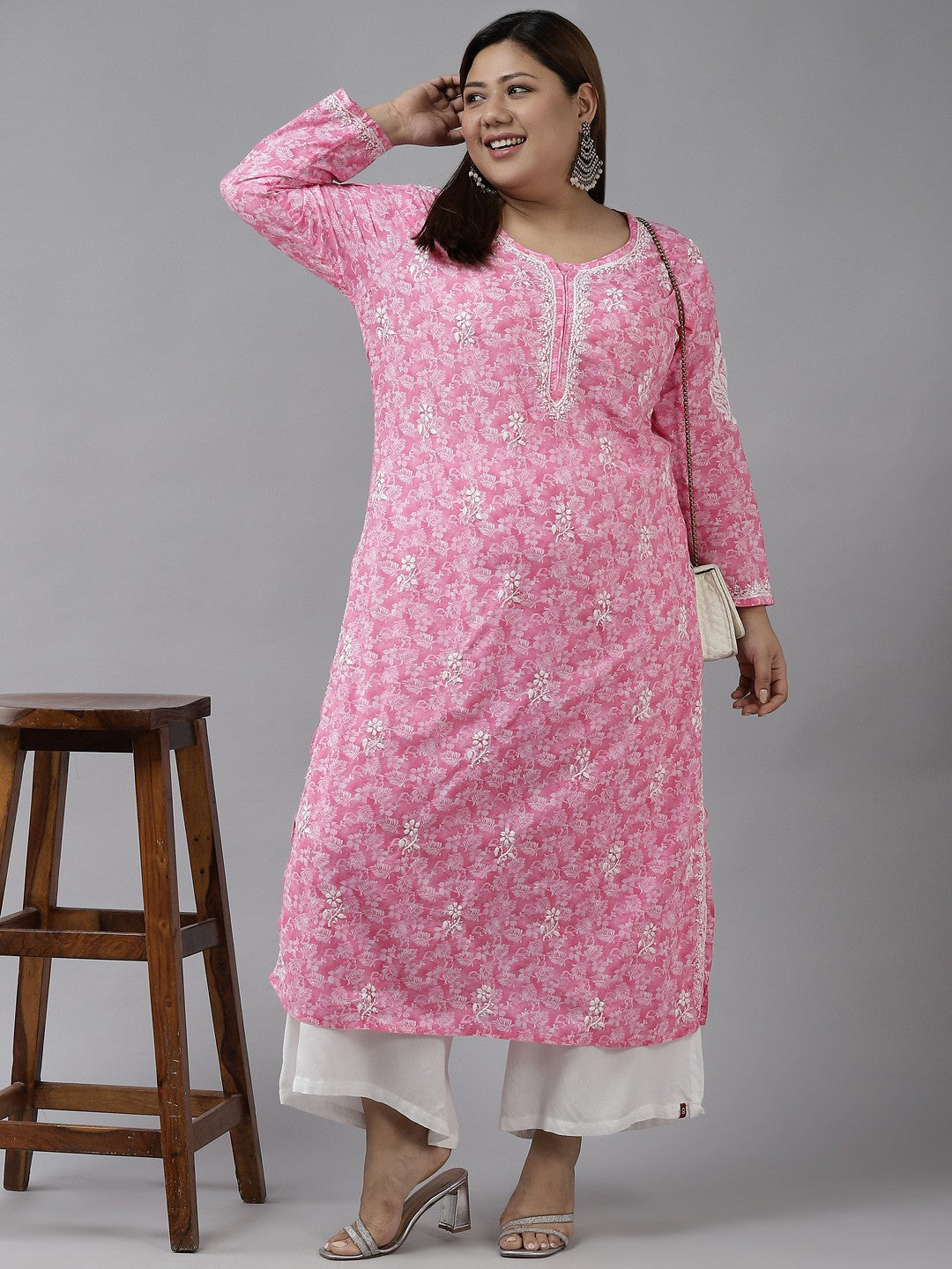 Ada Hand Embroidered Pink Cotton Lucknowi Chikankari Straight Kurta A411381