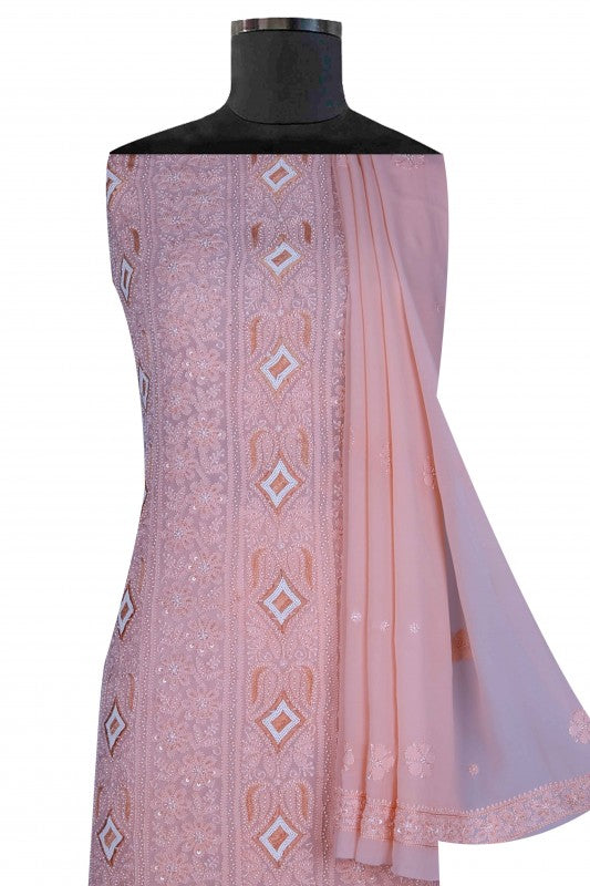 Ada Hand Embroidered Peach Georgette Lucknowi Chikankari Unstitched Kurta Dupatta Set With Pearl Work A586225