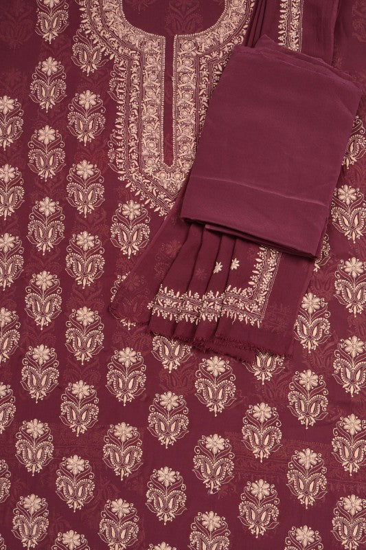 Ada Hand Embroidered Wine Pure Georgette Lucknowi Chikan Unstitched Suit Piece A59261