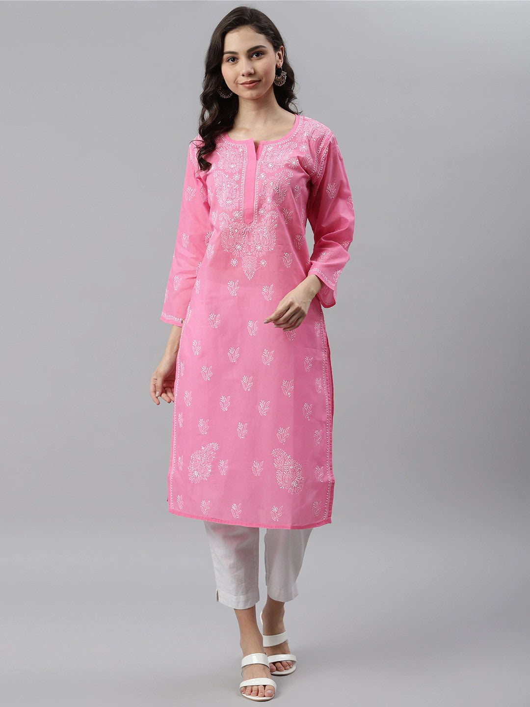 Ada Hand Embroidered Pink Cotton Lucknowi Chikankari Straight Kurta A133537
