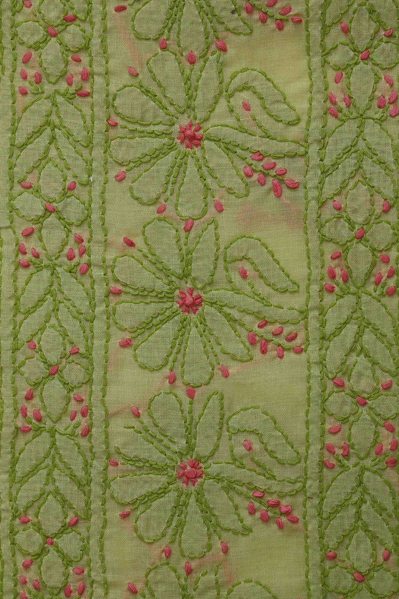 Ada Hand Embroidered Green Cotton Lucknowi Chikan Unstitched Suit Piece–A100158