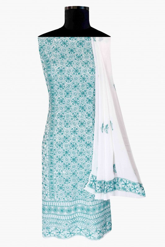 Ada Hand Embroidered White Georgette Lucknowi Chikan Unstitched Kurta Dupatta Set A459532