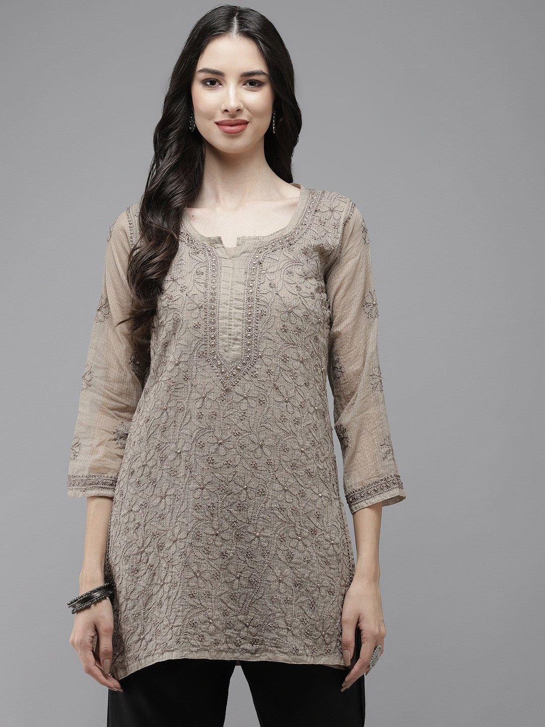 Ada Hand Embroidered Greige Kota Lucknowi Chikankari Short Kurti With Slip A911183