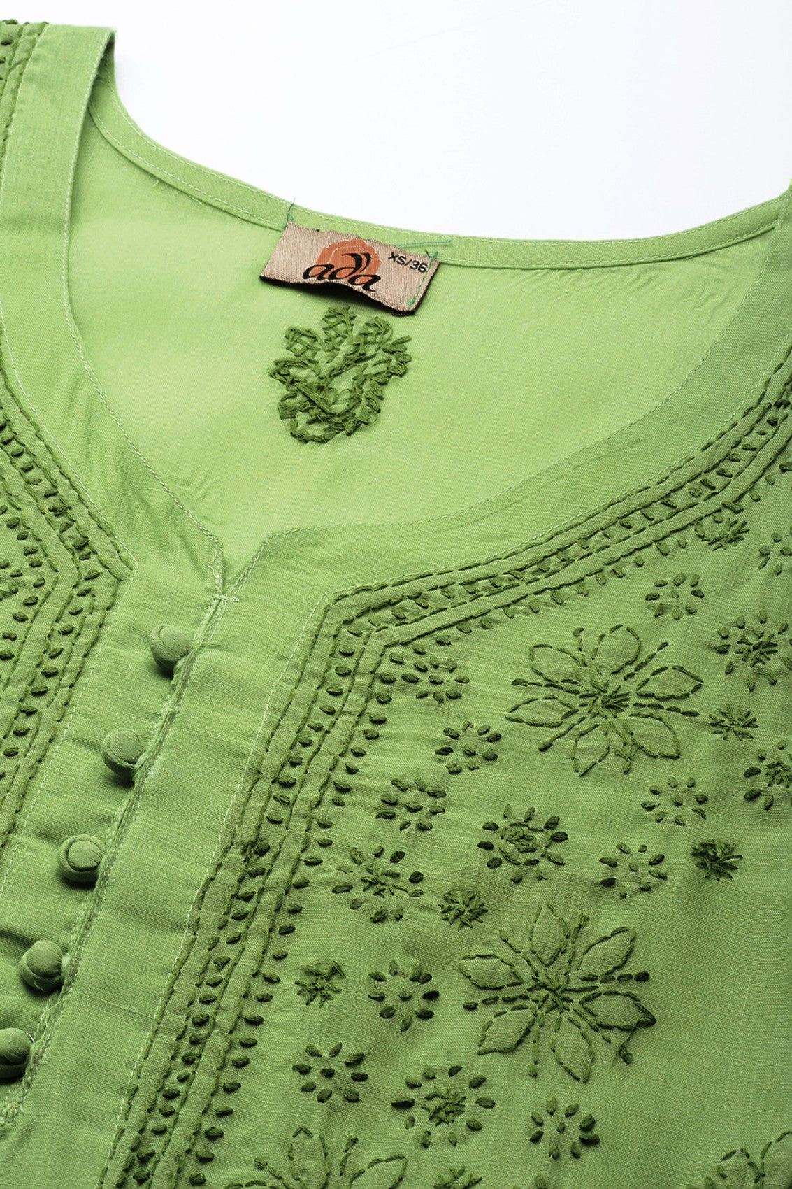 Ada Hand Embroidered Green Cotton Lucknowi Chikankari Straight Kurta A231409