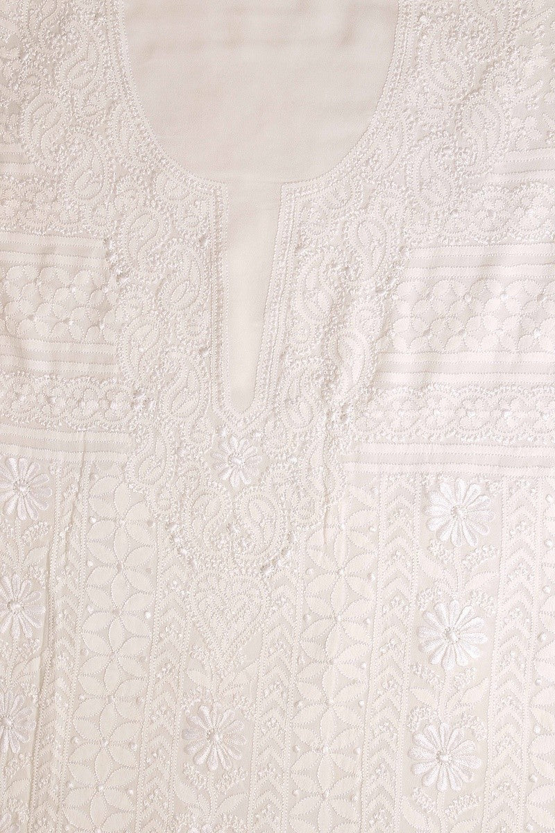 Ada Hand Embroidered White Pure Georgette Lucknowi Chikan Unstitched Kurta Dupatta Set - A590589