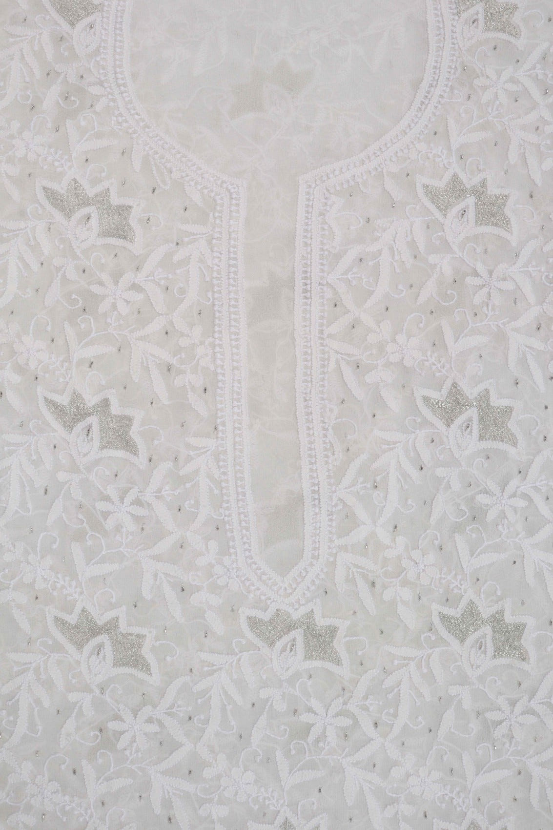 Ada Hand Embroidered Off White Pure Georgette Unstitched Kurta Dupatta Set With Zari Work 01A170073