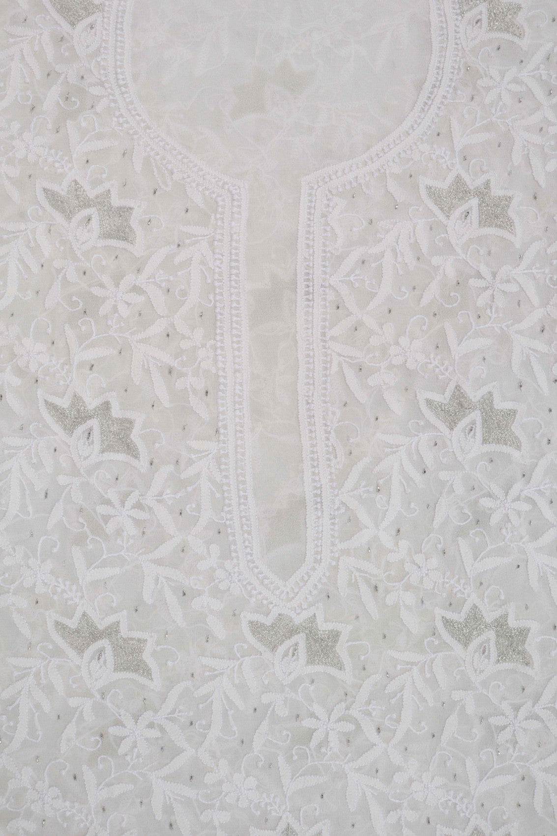 Ada Hand Embroidered Off White Pure Georgette Unstitched Kurta Dupatta Set With Zari Work 01A170073