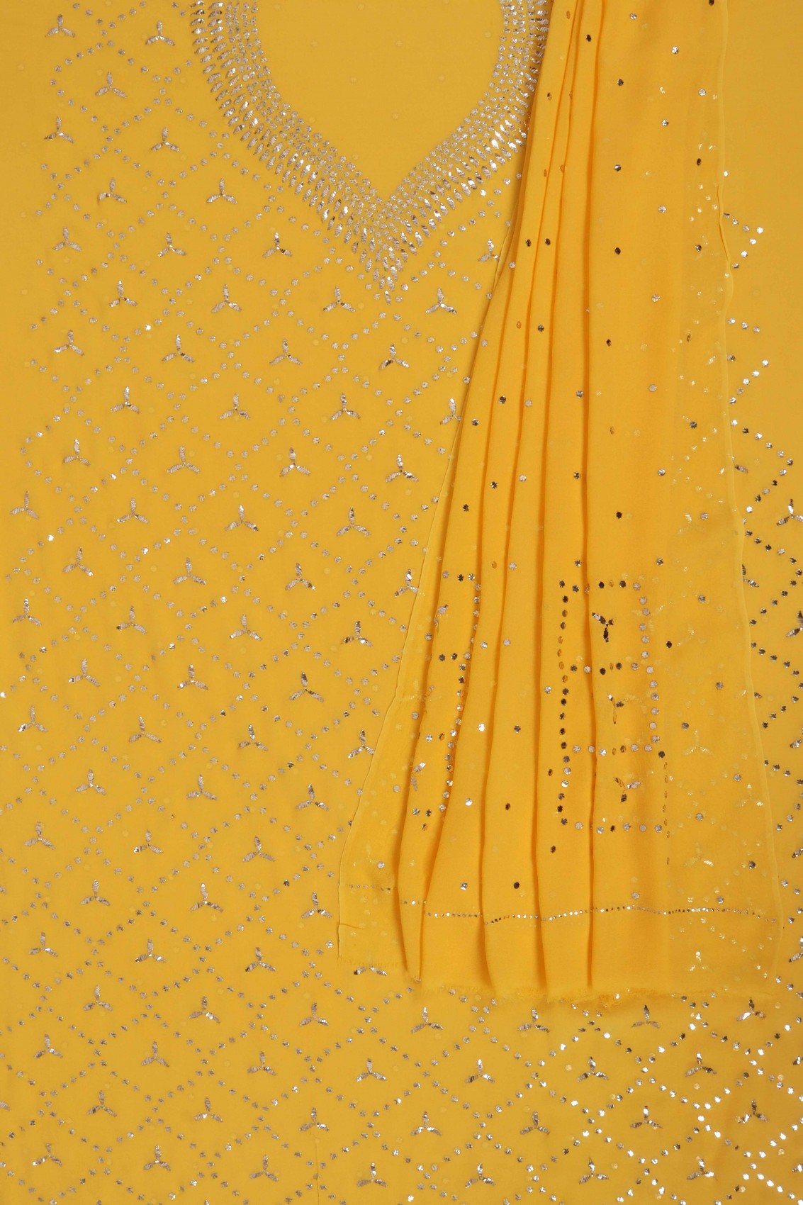 Ada Hand Embroidered Bright Yellow Pure Georgette Lucknowi Chikankari Unstitched Kurta Dupatta Set With Muqaish Work 01A207861