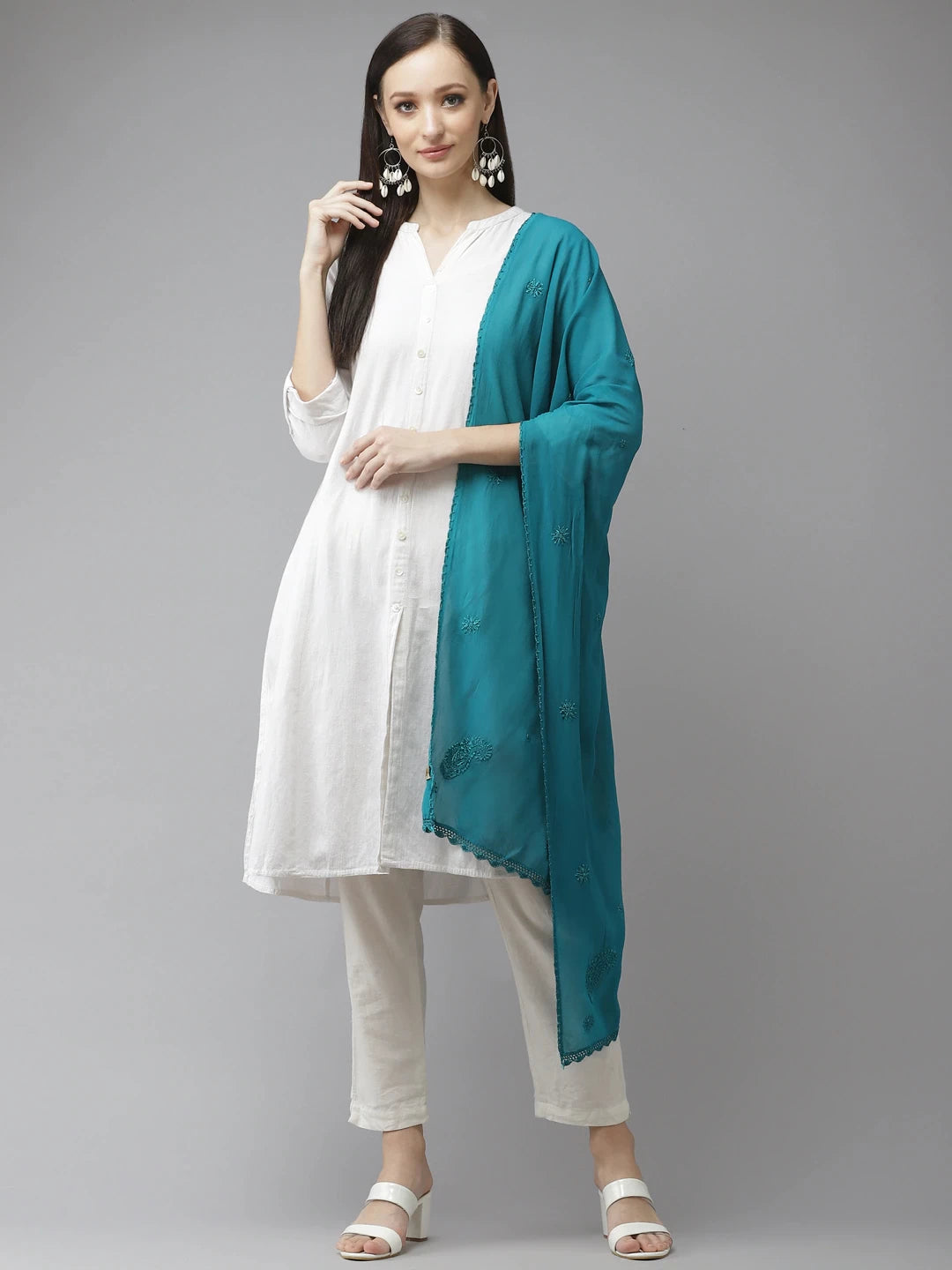 Ada Hand Embroidered Teal Green Georgette Lucknowi Chikankari Dupatta A511194