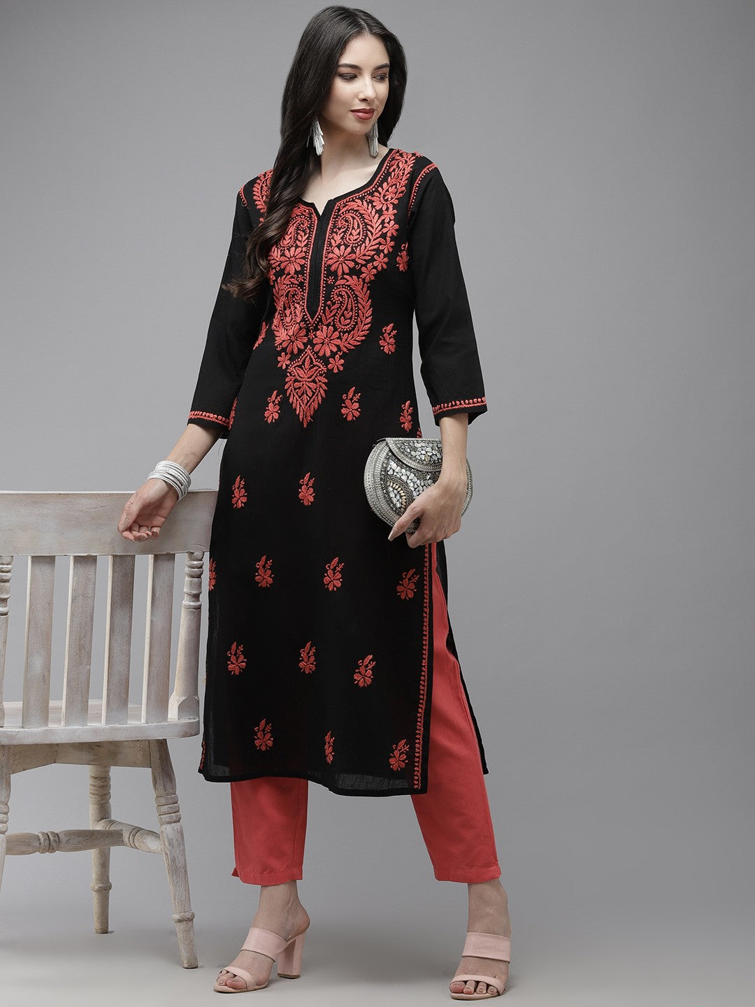 Ada Hand Embroidered Black Cotton Lucknow Chikankari Kurta A411278