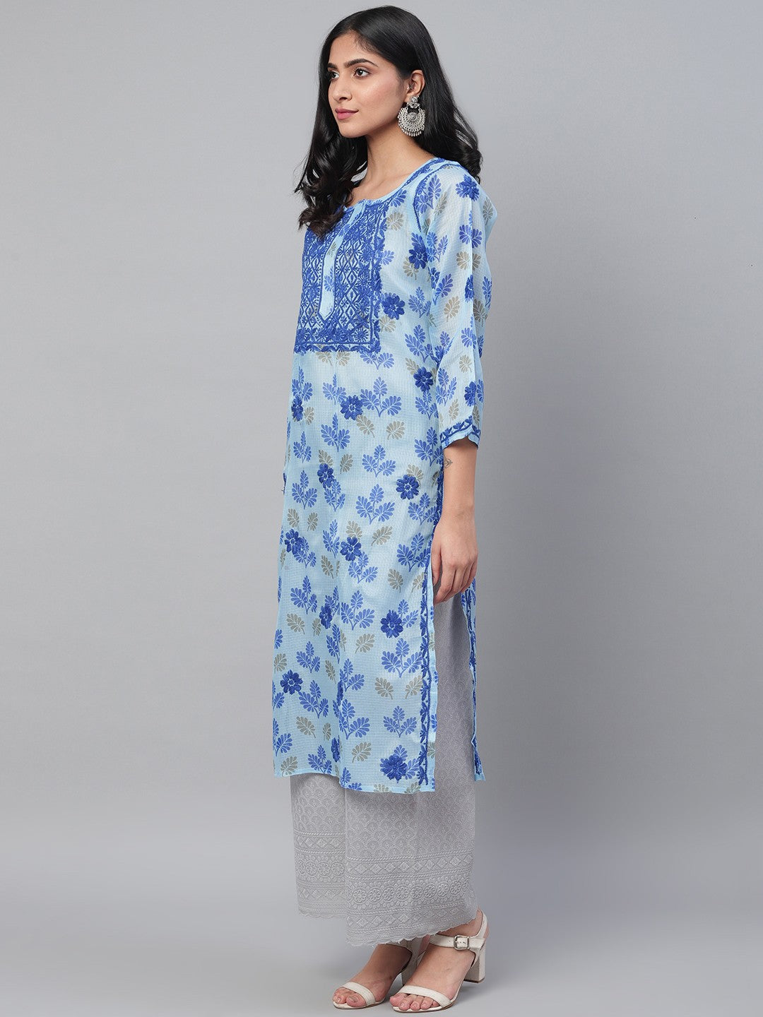 Ada Hand Embroidered Blue Kota Lucknowi Chikankari Straight Kurta A100584