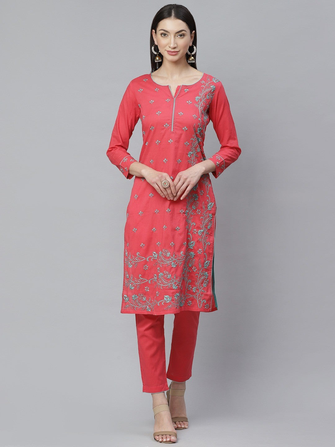 Ada Hand Embroidered Carrot Pink Cotton Lucknowi Chikankari Straight Kurta With Trouser Set A811132