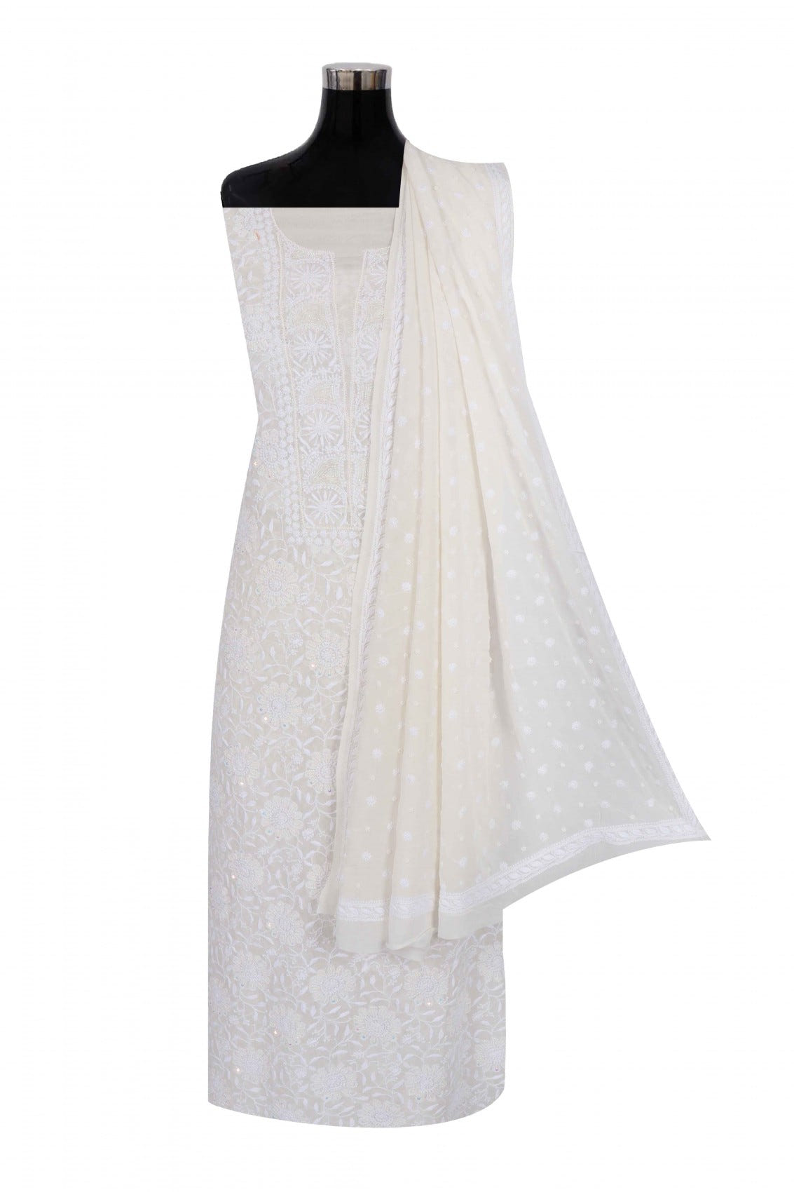 Ada Hand Embroidered White Pure Georgette Lucknowi Chikankari Unstitched Kurta Dupatta Set With Pearl Work 01A186865