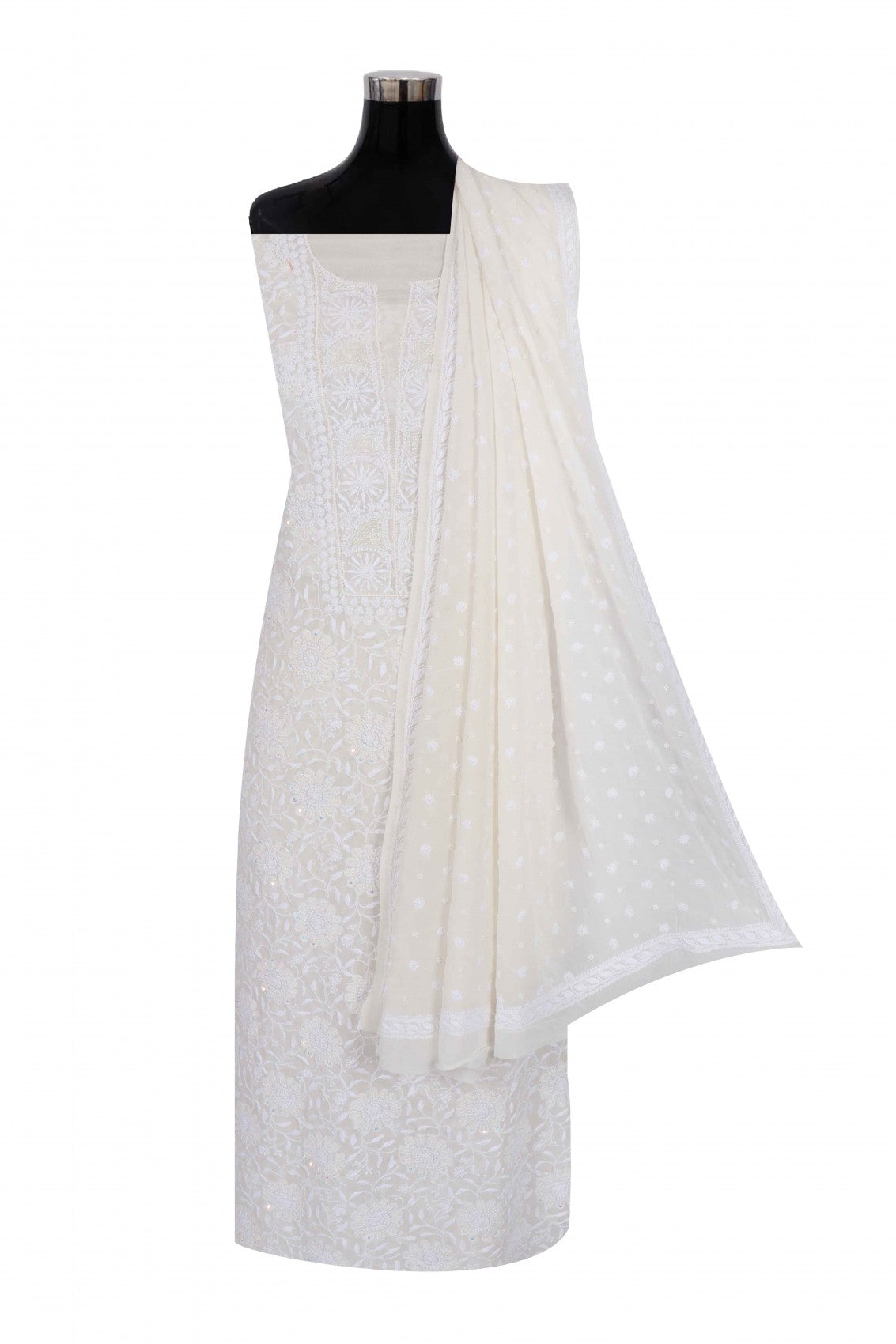Ada Hand Embroidered White Pure Georgette Lucknowi Chikankari Unstitched Kurta Dupatta Set With Pearl Work 01A186865