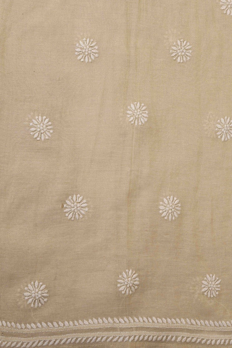 Ada Hand Embroidered Natural Fawn Tissue Lucknowi Chikan Semi-Stitched Kurta Piece With Muqaish Work-A575203