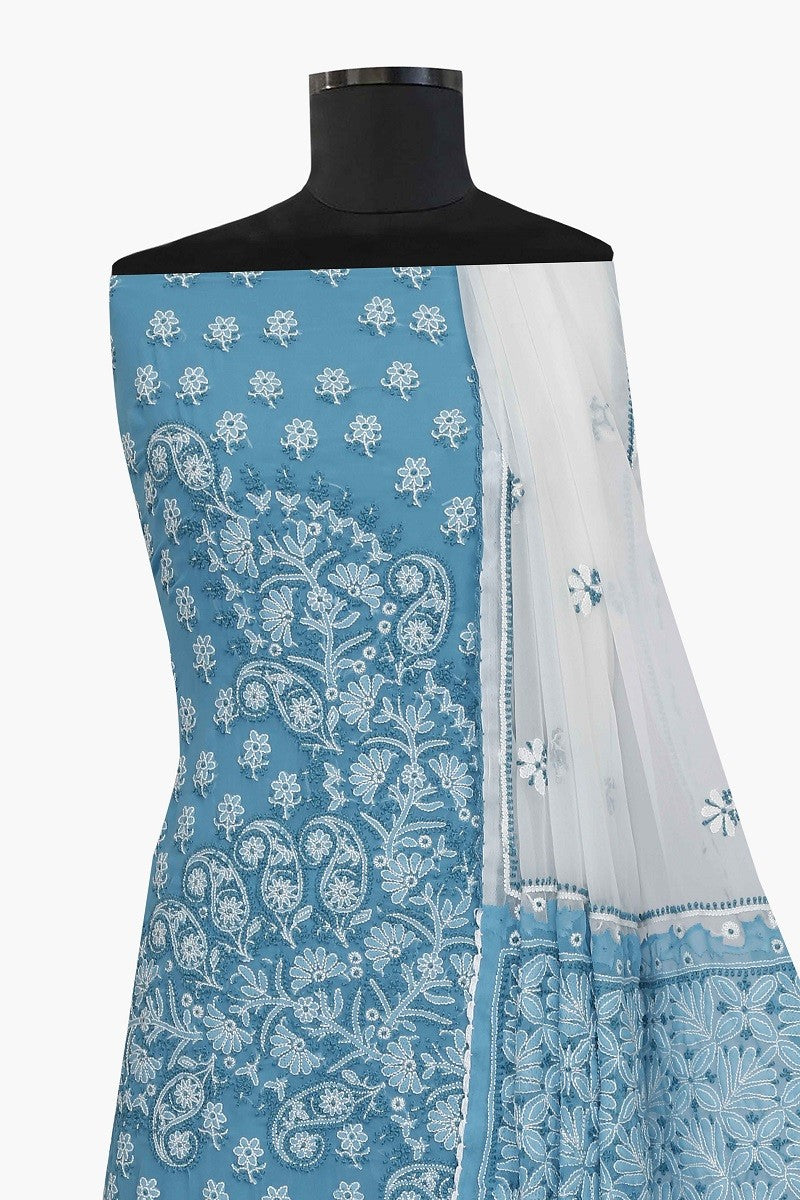 Ada Hand Embroidered Arctic Blue Georgette Lucknowi Chikan Unstitched Suit Piece A289005