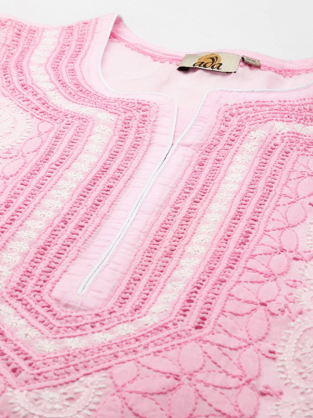 Ada Hand Embroidered Pink Cotton Lucknow Chikan Kurta- A411258