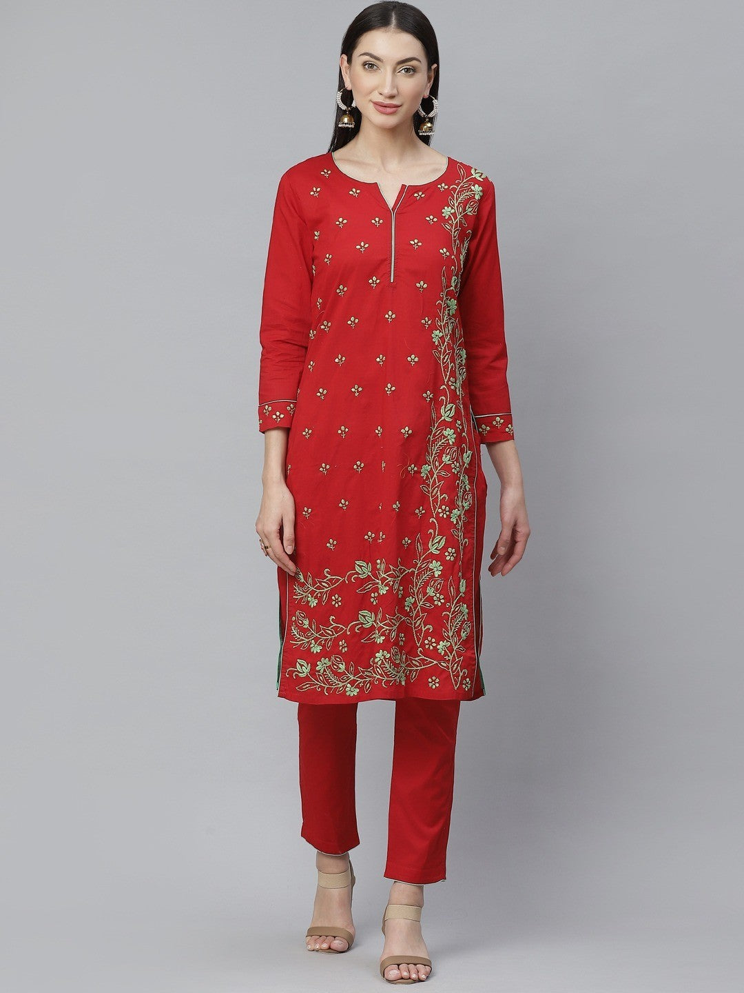 Ada Hand Embroidered Red Cotton Lucknowi Chikankari Straight Kurta With Trouser Set A811129