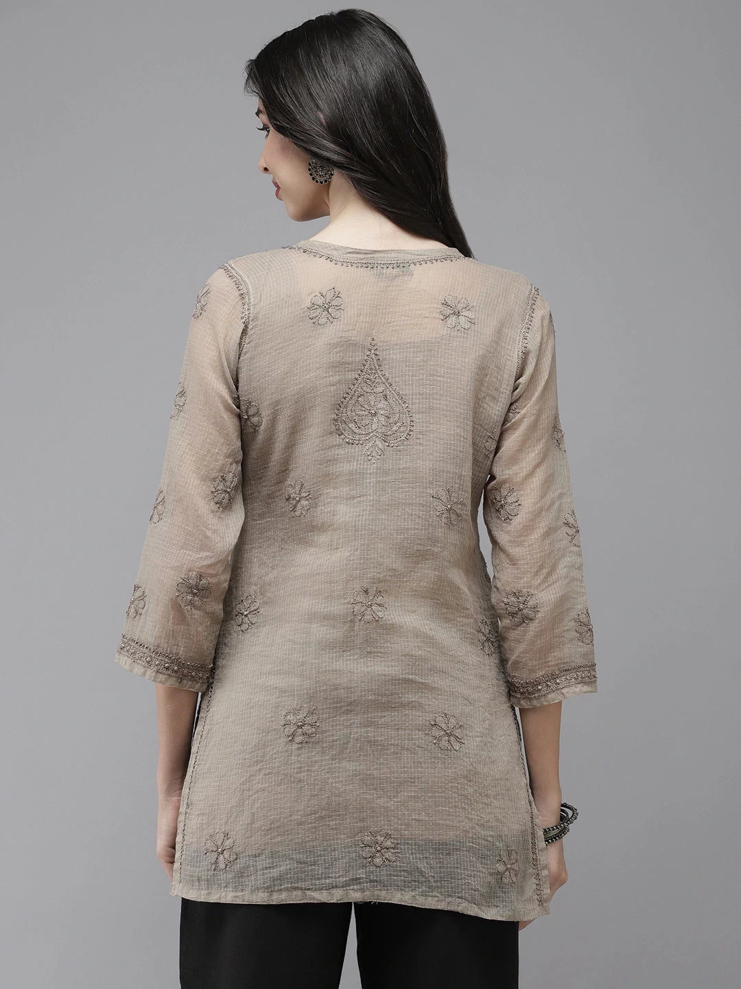 Ada Hand Embroidered Greige Kota Lucknowi Chikankari Short Kurti With Slip A911183