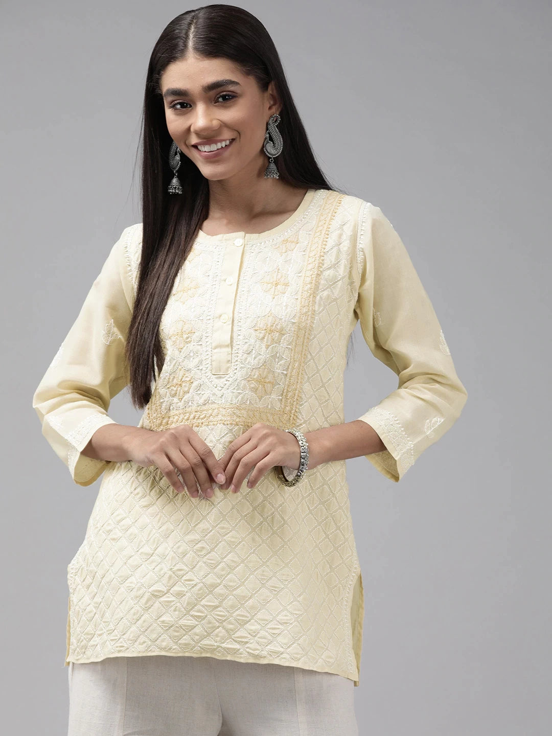 Ada Hand Embroidered Fawn Cotton Lucknowi Chikankari Straight  Kurti A911239