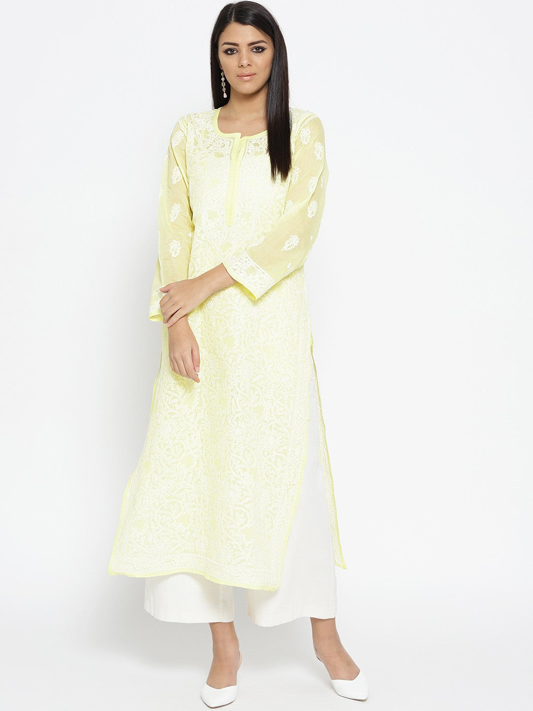 Ada Hand Embroidered Lemon Cotton Lucknow Chikankari Kurta-A100124