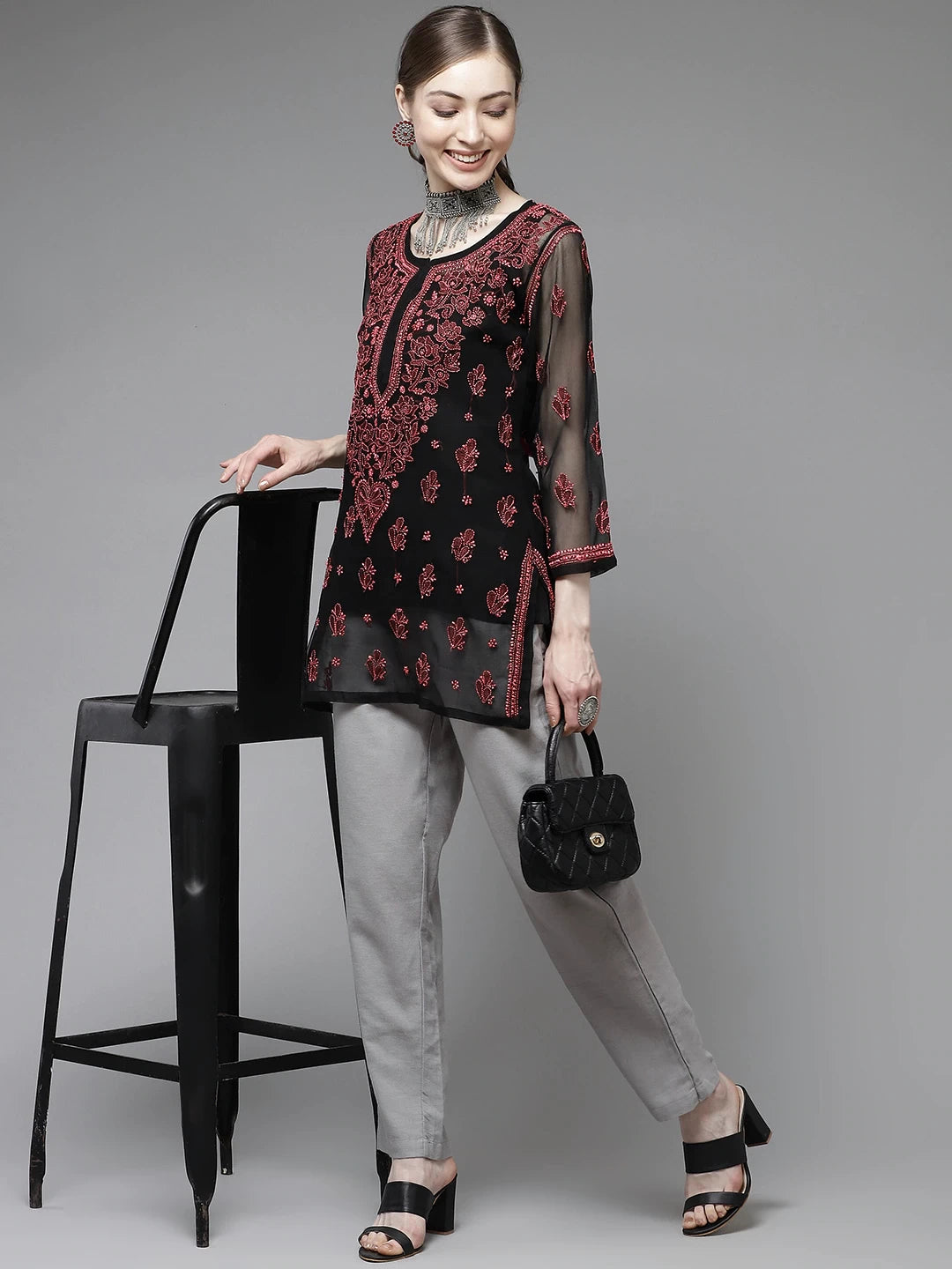 Ada Hand Embroidered Black Georgette Lucknow Chikan Kurti With slip-A911134