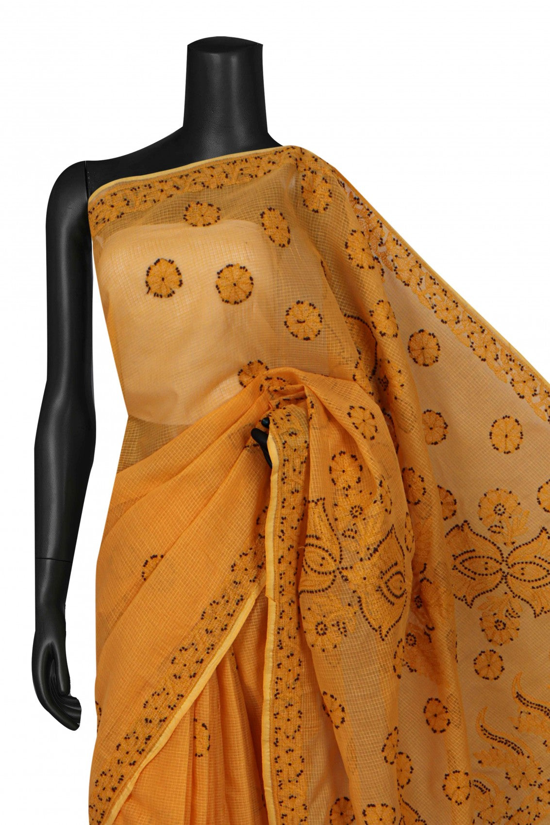 Ada Hand Embroidered Mustard Kota Lucknowi Chikankari Saree With Blouse A606778