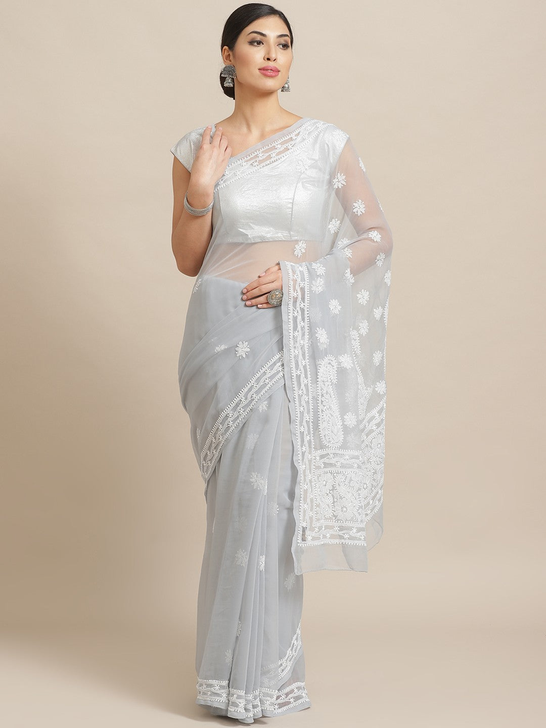 Ada Hand Embroidered Grey Georgette Lucknow Chikan Saree with Blouse A100573