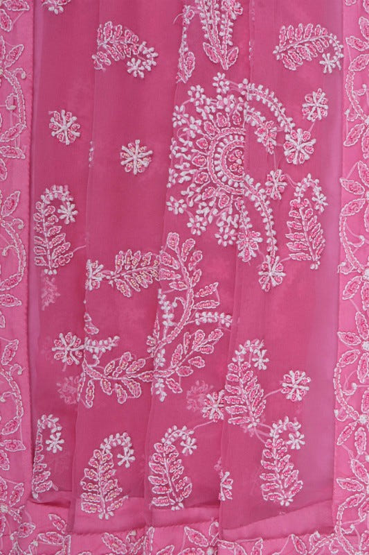 Ada Hand Embroidered Pink Georgette Lucknowi Chikankari Saree/Blouse With Pearl Work A493286